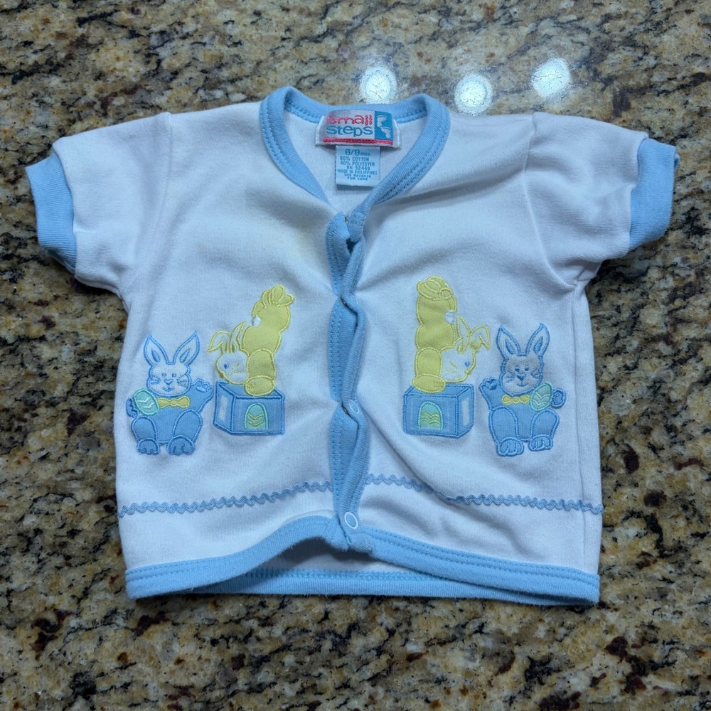 Small Steps Vintage Baby Cardigan White Blue Bunny Embroidered Snap Front 6-9M